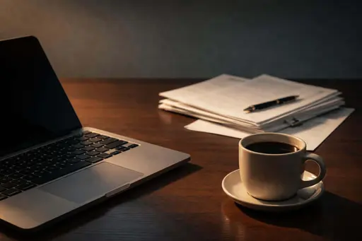Cinematic editorial photograph of a desk still life with laptop, coffee cup and scattered documents, composed for a 3:2 poster-cover with moody, tactile lighting.