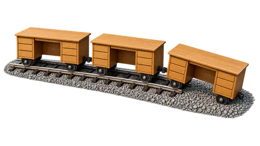 Going off the rails: three small wooden office desks coupled nose to tail like a train on a short curved railway; the two rear desks sit on the rails while the lead desk has rolled off onto the gravel beside the track, isolated on a transparent background.