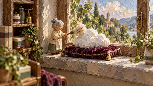 A miniature scene of a small round white detached cloud resting on a plum velvet cushion on a window seat while a very small old shopkeeper with a silver bun and cream cardigan dusts carefully around it, thick palette-knife daubs forming cloud and velvet.