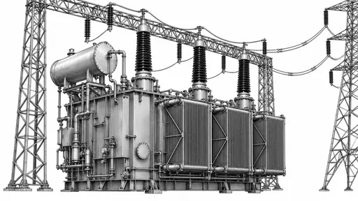 A substation transformer with ribbed cooling radiators and porcelain insulator stacks stands under a lattice gantry with looping cables to a pylon in a detailed monochrome ink illustration on open white.