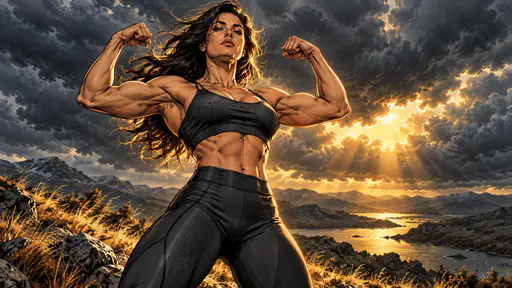 A determined adult woman in a sports top and leggings flexes her arm muscles outdoors against a moody grey stormy sky with wind in her hair.