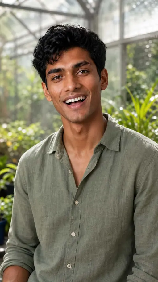 A candid greenhouse portrait tests whether Dev’s expressive face preserves his angular structure, eyebrow scar, skin texture, and wavy hair.