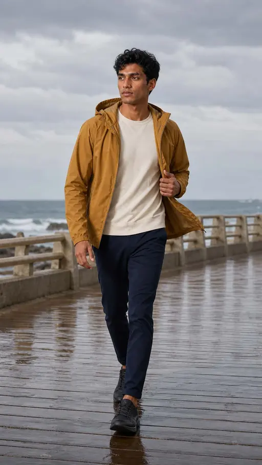 A full-body walking scene tests Dev’s lean long-limbed proportions, hair, clean-shaven identity, and motion under a wardrobe change.