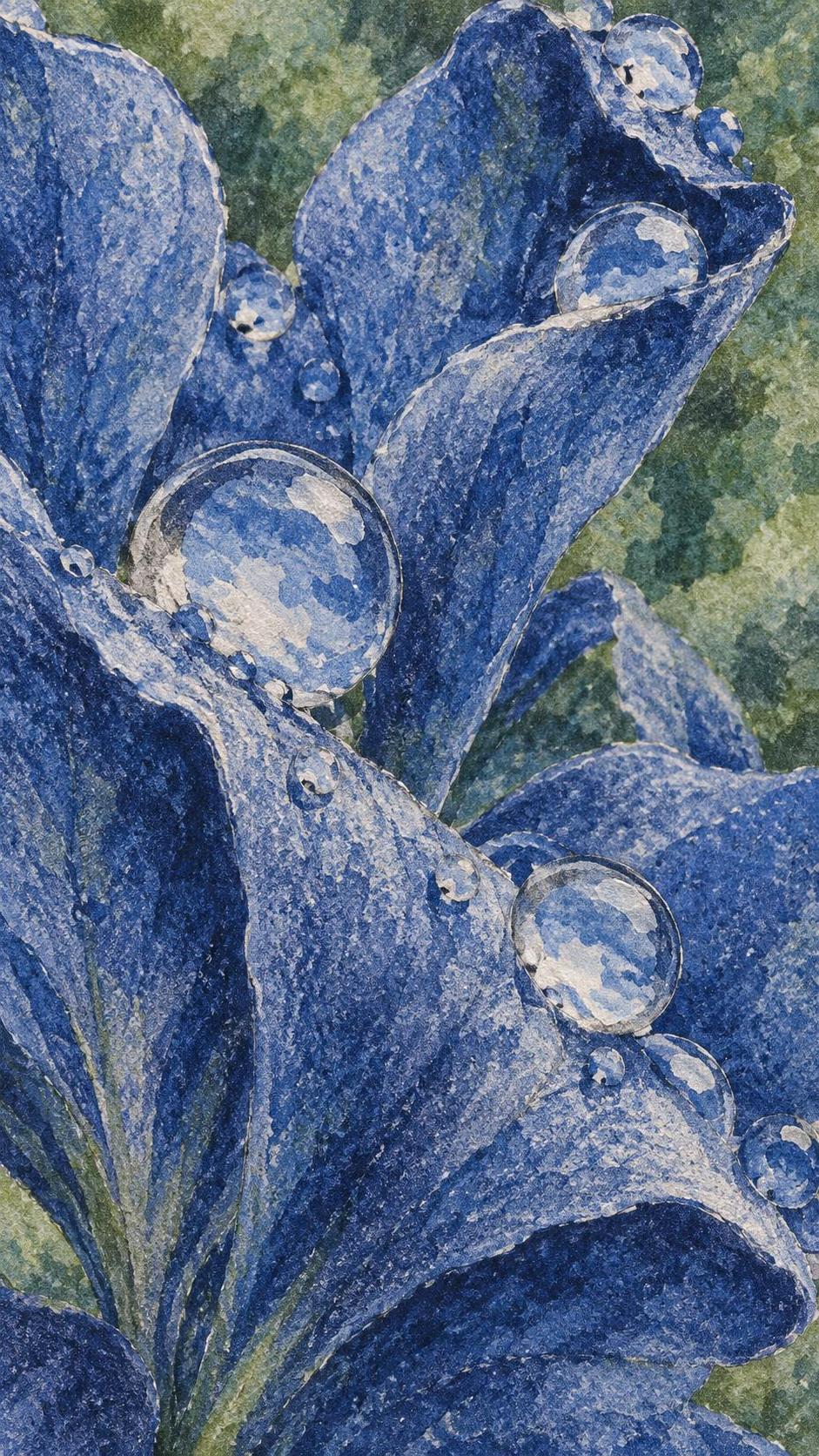 A close up of crystal clear water droplets resting on the velvety petals of a blue flower with each droplet reflecting the sky and a soft green blur behind.