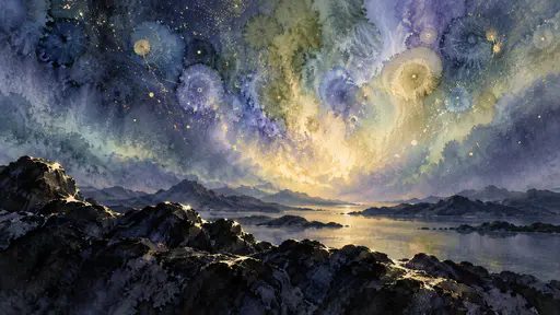 A diffuse aurora patch dissolves into dense blooms of indigo, periwinkle and pale gold above dark rock silhouettes.