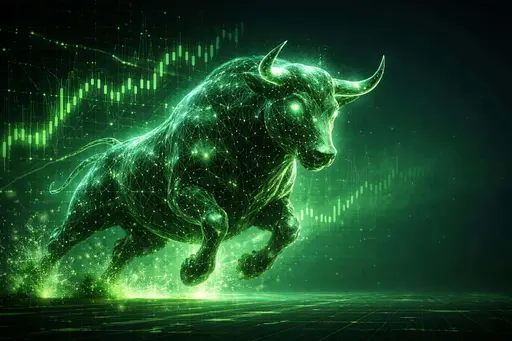 A powerful bull constructed from glowing green data lines charges forward against a backdrop of digital stock market charts and deep shadows in this 3D render.
