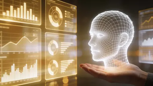A semi-transparent digital head of white grid lines floats above a human palm bathed in warm gold and soft white glow, with minimal holographic panels showing charts and analytics against a dark blurred background.