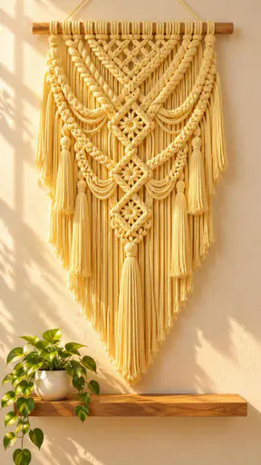 A neatly coiled pastel yellow macrame wall hanging with long soft fringe hangs on a blank cream wall above a small plant on a wooden shelf.