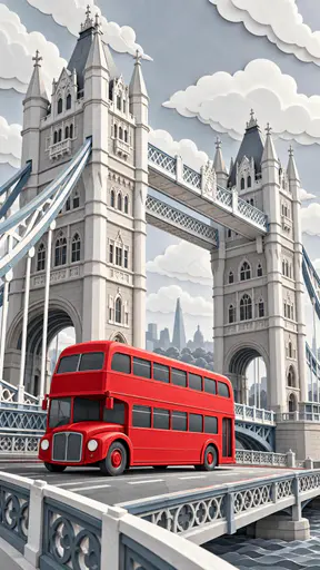 A red London double decker bus crosses beneath the soft grey towers of Tower Bridge in a polished dimensional render.
