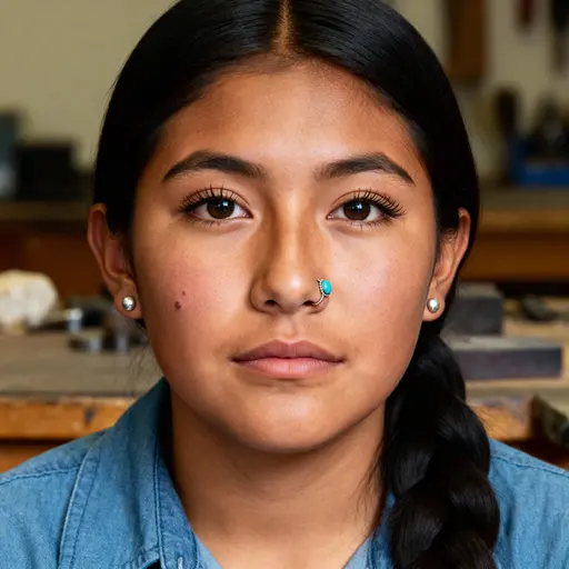 Close headshot of an 18-year-old Dine jewelry apprentice in a chambray shirt, low braid, silver studs and turquoise ring, warm medium-brown skin and muted workbench background.
