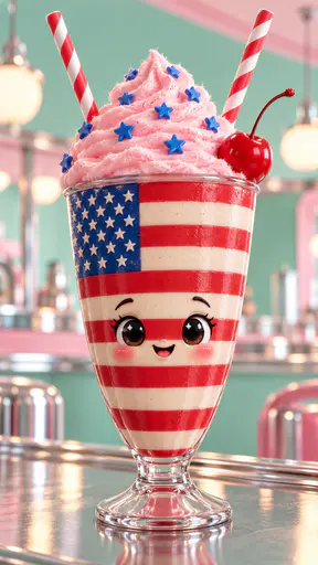 Diner milkshake glass with red and white stripes and blue star sprinkle top on chrome. Accurate stripes and a blueberry canton invite sharing.