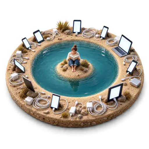 Disconnection is a small island: a round miniature diorama shows a seated figure reading a blank book on a tiny island inside a shallow teal pool, while coiled charging cables and blank glowing screens crowd the sandy ring outside the water and stop at its edge. The unbroken water boundary keeps the digital demands outside, so a deliberate break creates protected attention.