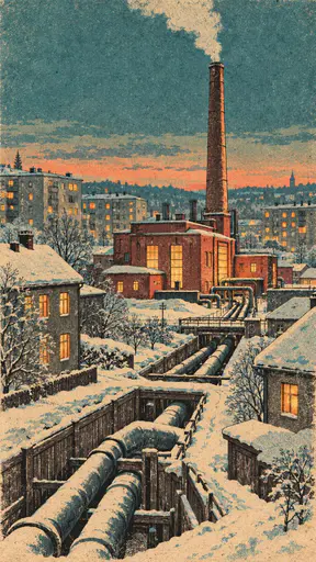 A district heating boiler house in a snowy town with a tall chimney and vapour plume, insulated pipes in a trench between snowy rooftops and lit apartment windows at dusk.