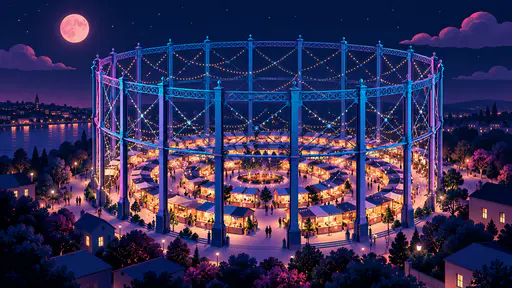 The great round iron frame of a disused gasholder holds rings of lit market stalls and strings of tiny lights under a rose pink moon on a deep navy ground in a glowing cyan and violet nocturne.