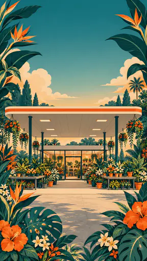 A disused petrol station forecourt with a flat canopy and slim columns is filled with benches of potted plants and hanging baskets and the old kiosk is a glass fronted plant shop in teal and orange.