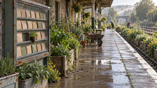 Perspective along a disused concrete platform converted to garden beds with a rust wheelbarrow, foreground timetable case stocked with seed packets and one seedling in soil in an empty slot.