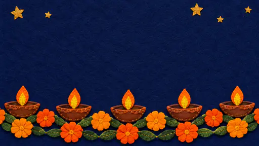 A wide deep indigo felt card background with a row of five felt diya lamps with orange flames above a marigold and leaf garland along the bottom, small gold felt stars along the top and a large empty indigo area.