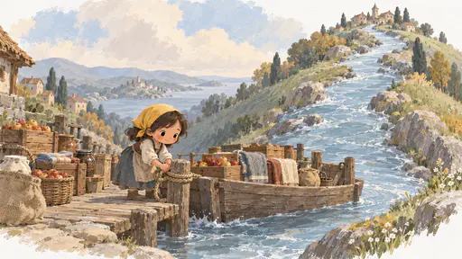 A wooden jetty halfway up a grassy hill with stacked crates of apples, jars and folded cloth while a ferrywoman in a yellow headscarf ties the rope of a flat barge to a post as the green river flows uphill past it in warm midday light.