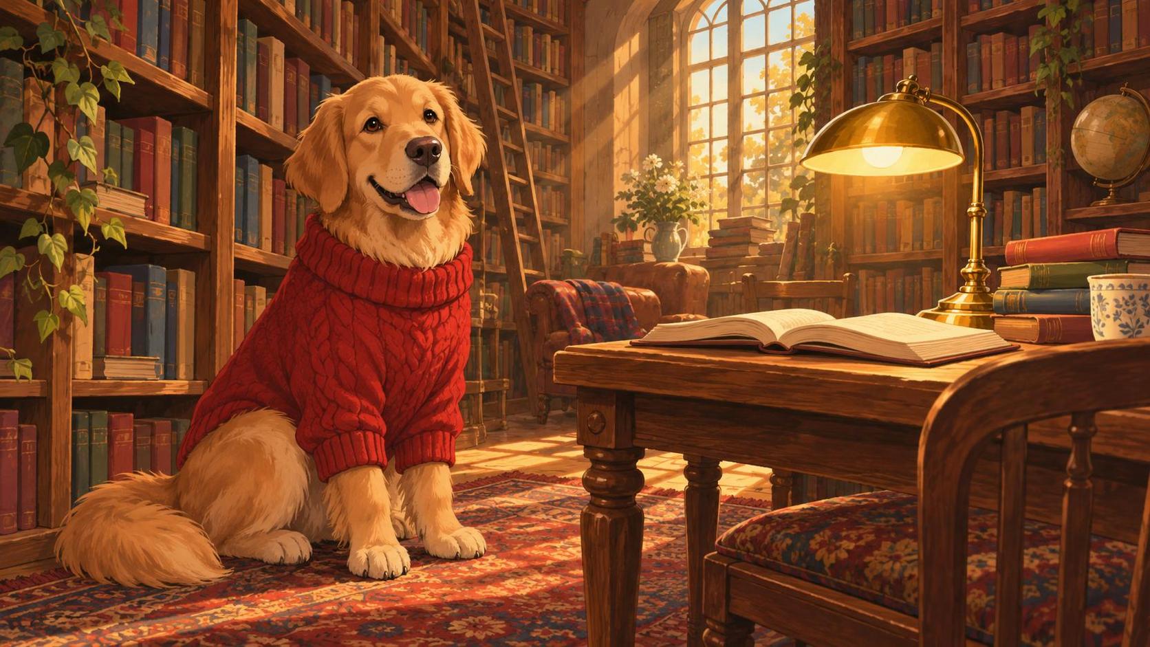 A dog wearing a knitted sweater sits among tall library shelves with an open book on a reading table and a warm lamp beside it in dusty golden light.