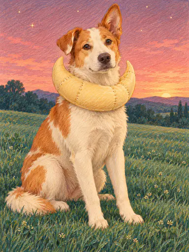Colored-pencil illustration of a cream dog with large pumpkin-orange patches sitting on a quiet dusk field, wearing an oversized soft crescent-moon collar of padded moon-gold fabric, one ear folded and one upright, under a dusty-rose sky with tiny pale stars.