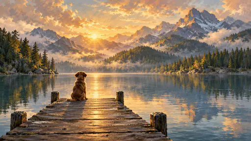 A small brown dog sits at the end of a wooden dock and looks across a calm mirror lake toward forested mountains in warm golden hour haze.