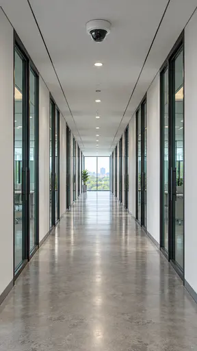 A long office corridor in one-point perspective with glass doors, a polished concrete floor and a ceiling-mounted dome security camera in soft light.