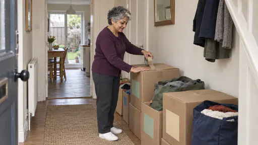 An older woman with short silver-grey hair and a white streak in a plum cardigan presses a strip of tape across the last of a row of filled donation boxes and soft bags lined along a hallway by the front door in cool spring morning light.