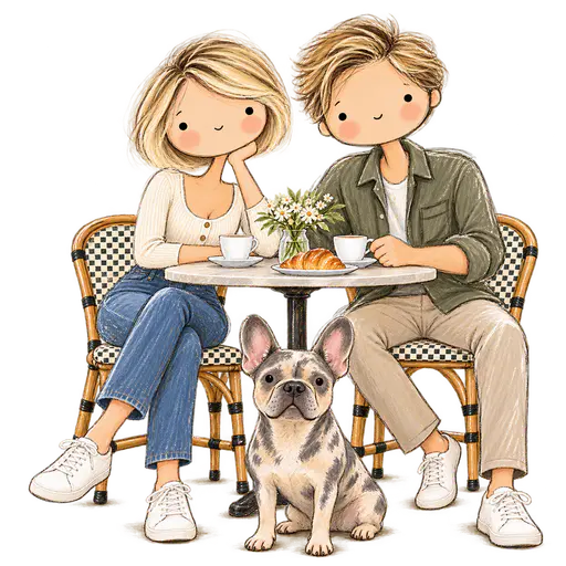 Cute big-headed cartoon couple with dot eyes and their French bulldog at a café table, transparent background