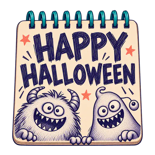 A transparent cutout illustration of a peach spiral notepad with teal rings, indigo HAPPY HALLOWEEN lettering, coral stars, a shaggy horned monster and a pear-shaped monster with a third eye on a stalk.