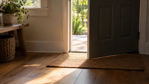 A front door stands ajar in a morning entrance hall with a plain doormat set exactly in line with the gap and warm light spilling onto the mat while the rest of the door and frame stay in shade.