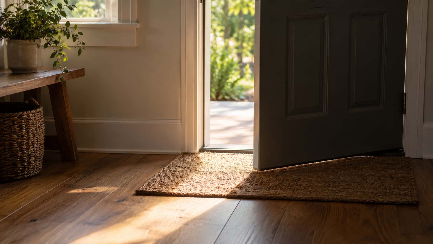 A front door stands ajar in a morning entrance hall with a plain doormat set exactly in line with the gap and warm light spilling onto the mat while the rest of the door and frame stay in shade.