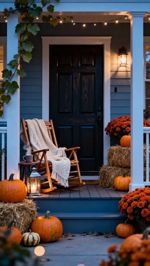 A centered dark-wood doorway on a symmetrical residential porch at dusk, framed vertically 9:16 to emphasize balance, with pumpkins, mums, hay bales, a rocking chair and lantern in warm cinematic light and cool twilight shadows.