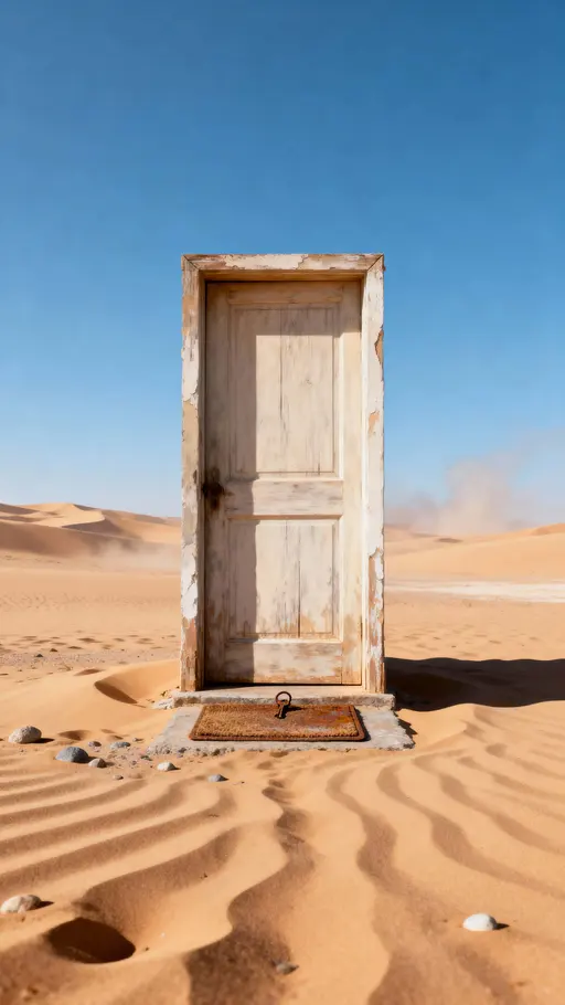 A lone weathered doorway stands amid windswept dunes beneath a high sky, composed for a vertical 9:16 frame to emphasize surreal isolation and human scale in landscape.
