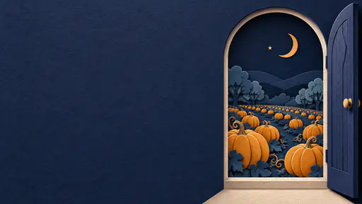 Layered paper-cut Halloween banner background: at the right edge a tall indigo arched doorway stands open, and through the arch a pumpkin orchard recedes in simple paper layers with rows of saffron pumpkins, smoke-blue trees and low indigo hills under a thin crescent moon. The left two-thirds of the banner is one flat quiet indigo paper field. Tactile shadow-box paper scenery for a Halloween paper landscape background.