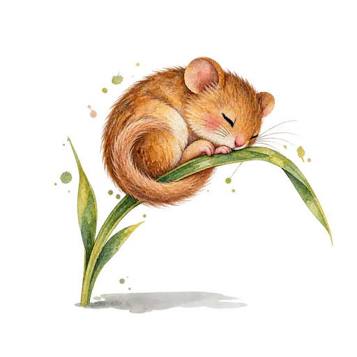 A small brown dormouse curled asleep on a single bent grass stem with its tail wrapped round its body, seen from the side, on a transparent background.
