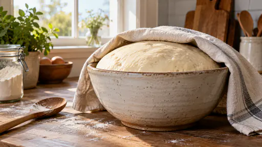 A large ceramic mixing bowl on a wooden kitchen counter holds a smooth round dough risen to twice its size under a loosely draped cream linen cloth with flour dusted on the counter and a wooden spoon beside it in soft morning light.