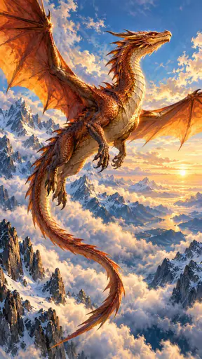 A majestic dragon with outstretched wings glides above the clouds past snowy peaks in warm raking light against cooler blue sky.