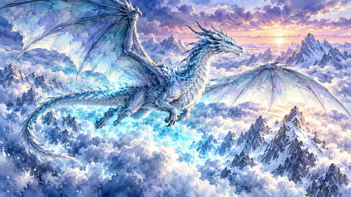 A majestic dragon with outstretched wings soars high above the clouds beside snowy mountain peaks in glowing cyan watercolor washes.