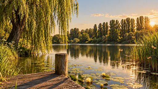 Several dragonflies hover and dart over the shallows among the reeds while the long shadows of a weeping willow, a jetty post and the reeds stretch across the glowing water in warm low golden-hour light.