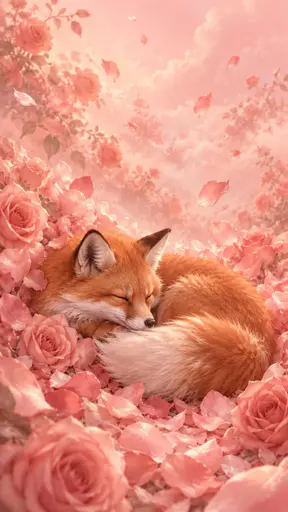 A cozy sleeping fox is curled up among soft rose petals with russet fur and a fluffy white tipped tail wrapped around it in warm gentle light.