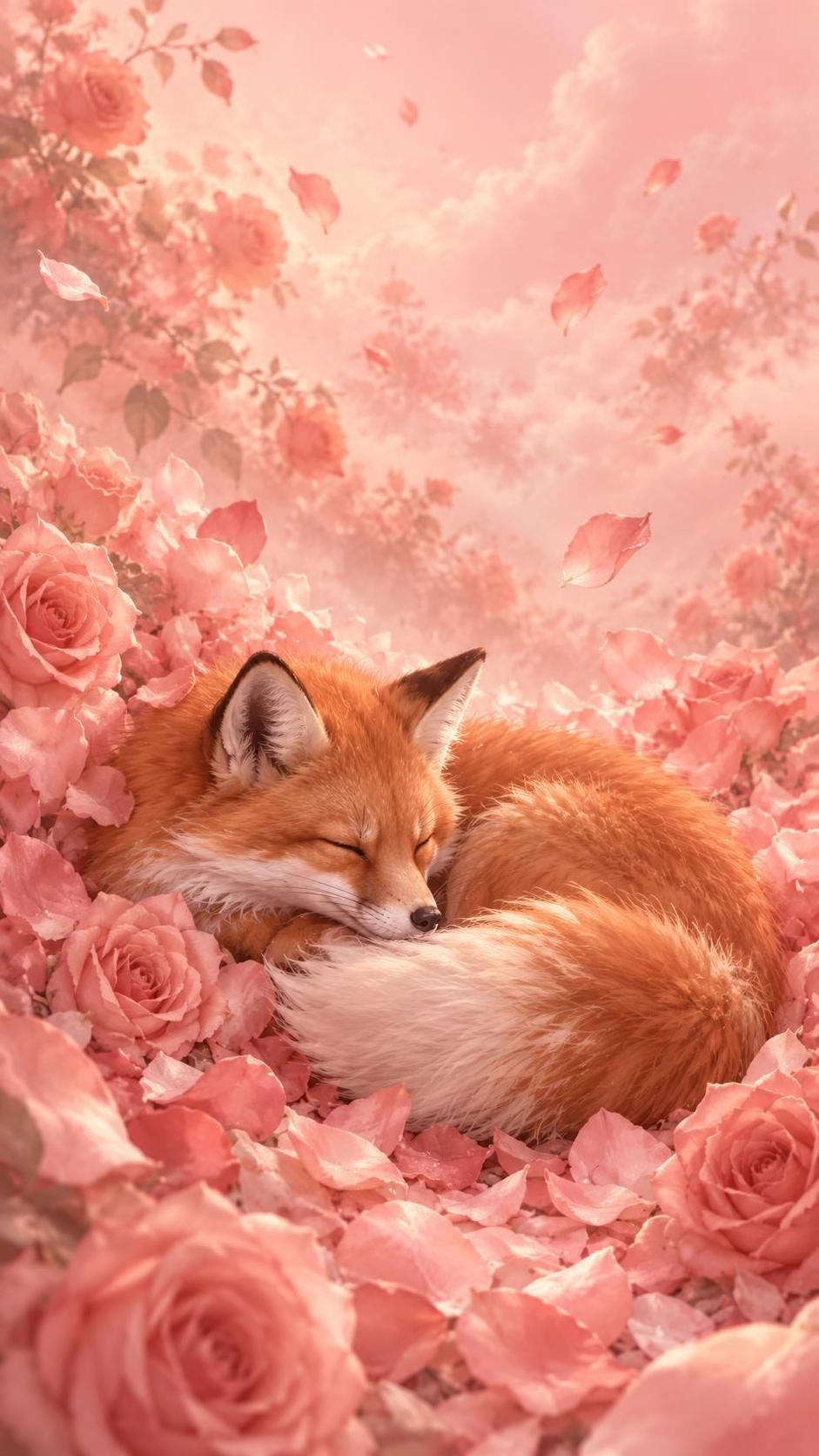 A cozy sleeping fox is curled up among soft rose petals with russet fur and a fluffy white tipped tail wrapped around it in warm gentle light.