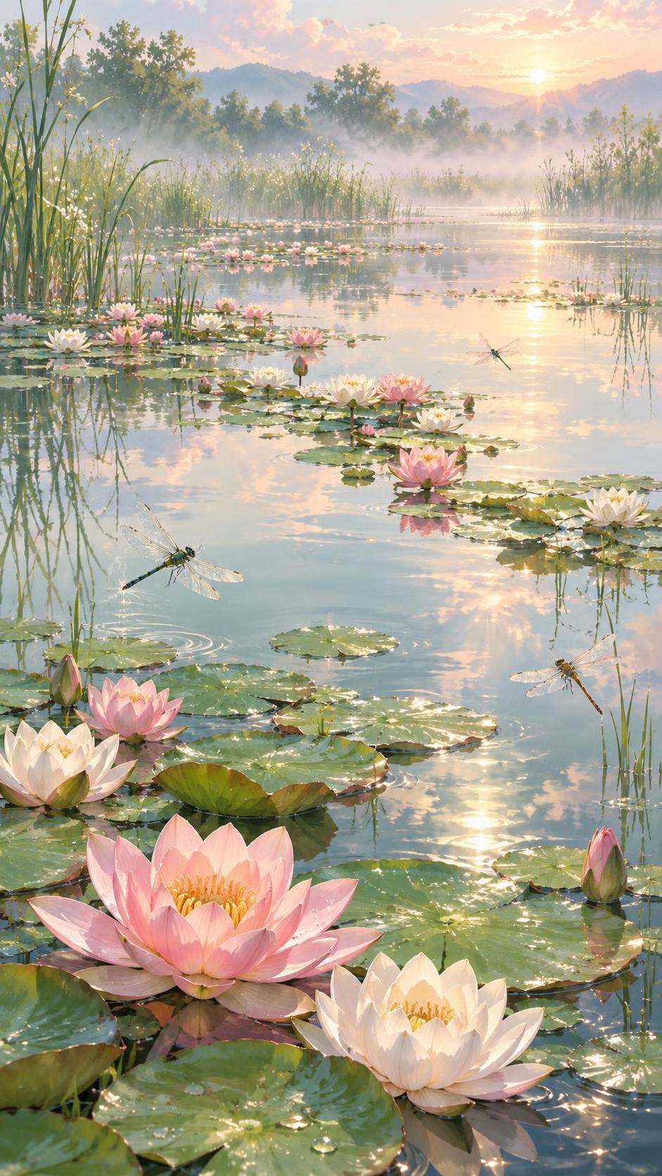 A still pond covered with green lily pads and pink and white water lilies in bloom has dragonflies above the water and soft reflections of the sky and reeds.
