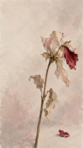 A dried flower stem rises from the lower edge in near-monochrome parchment and ash pink gouache washes while one fold on the right third still burns vivid garnet and one tiny fallen petal of the same red lies on the blank ground directly below it.