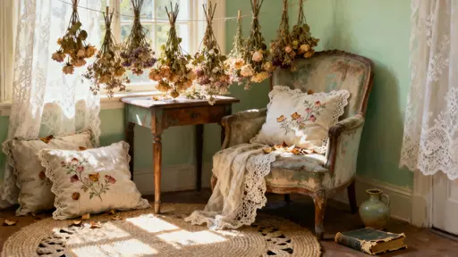 A sunlit vintage interior with dried flowers hanging over antique furniture, embroidered pillows and lace curtains in a moss-green, warm-cream palette.