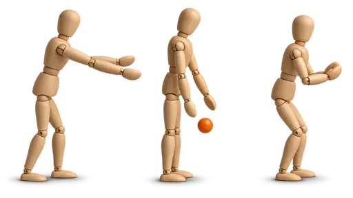 Three wooden desk figures relay one bright orange sphere; the distracted middle figure lets it fall through its open hands while the third figure waits ready — dropping the ball, failing an expected responsibility.