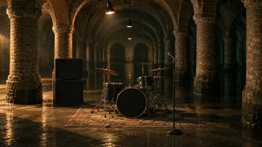 An empty vaulted brick reservoir with rows of round columns set up as a rehearsal room: a drum kit on a worn rug, two stacked black speaker cabinets, a microphone stand, clamp lamps and shallow water reflecting the arches.