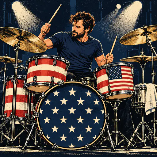 Drum kit in flag stripes with a blue starry bass drum skin played by an adult drummer. Thirteen stripes and a neat canton play loud.