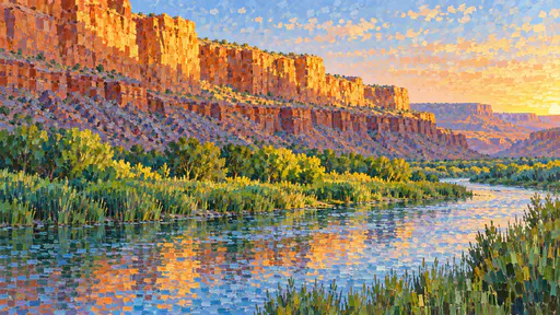 A dry stepped orange canyon wall drops to a greener riverbank of reeds and willows beside a slow river, painted in separate patches in late golden light.