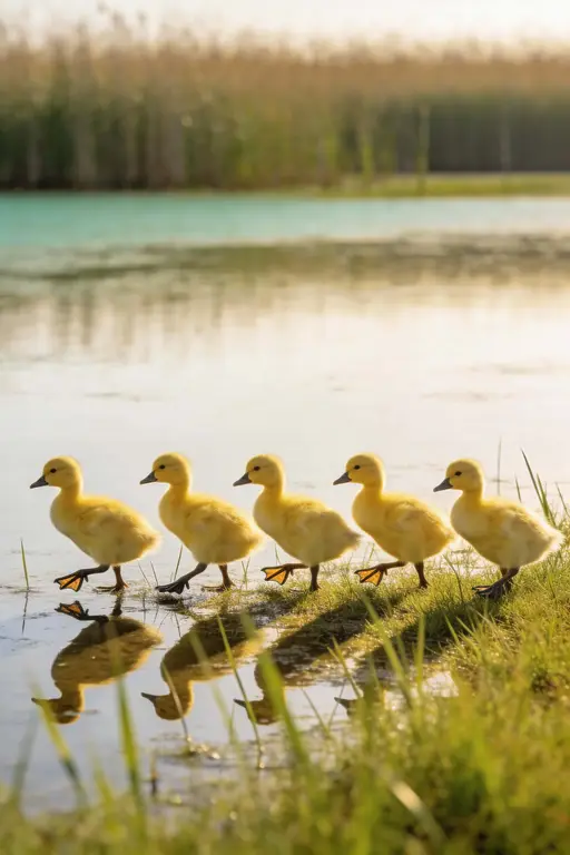 Portrait-format wildlife photograph of five ducklings walking in a neat line across a grassy shoreline, framed for a 2:3 vertical poster or wallpaper.