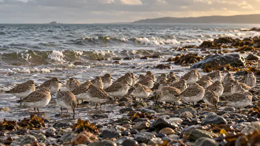 A tight flock of about thirty dunlin of one species rests shoulder to shoulder on wet pebbles at the waterline of a shingle shoreline at low tide on an overcast morning, small waves lapping and the grey sea beyond.